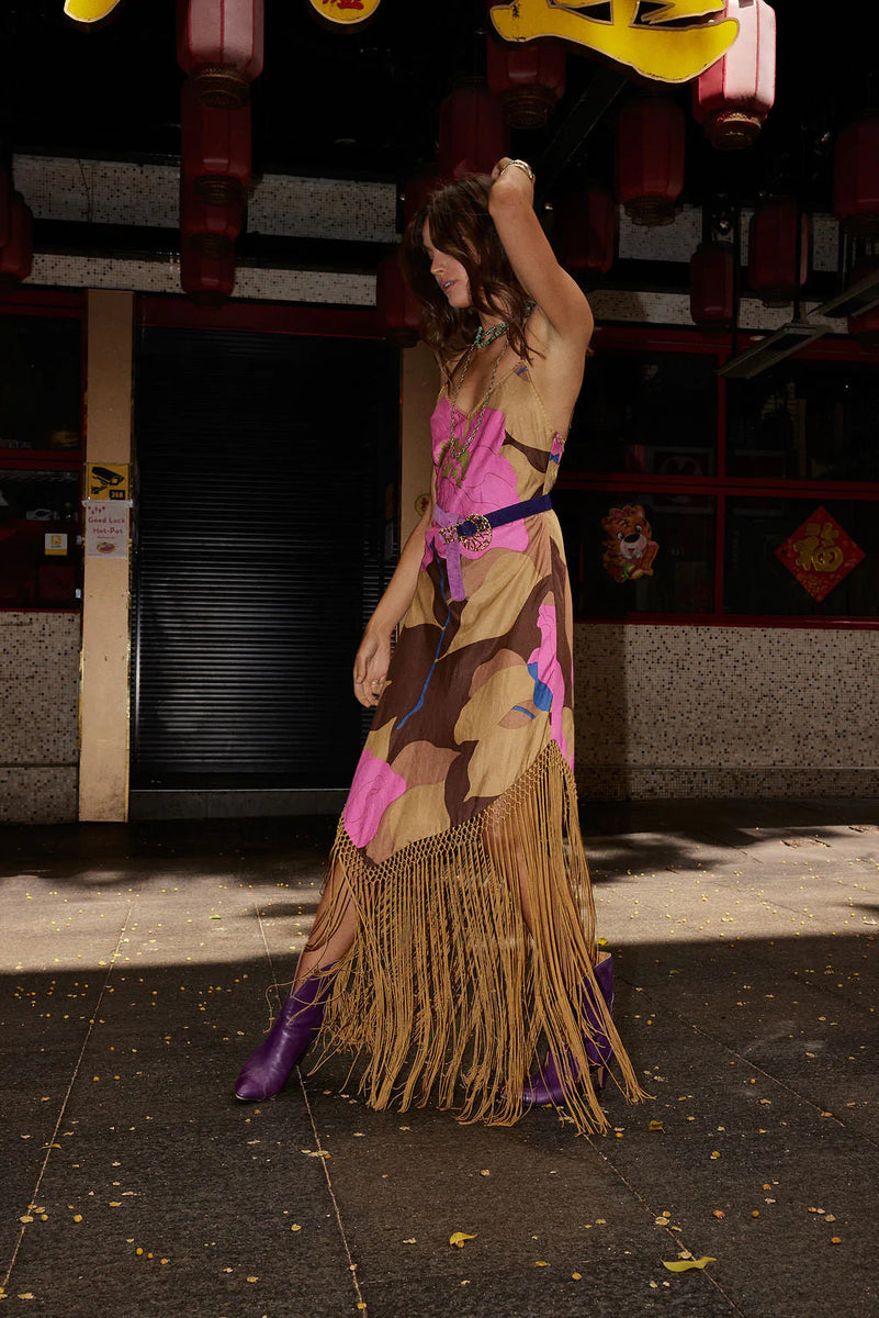 Wonderful Tonight Silk + Fringe Slip Dress - bold floral - Chasing Unicorns