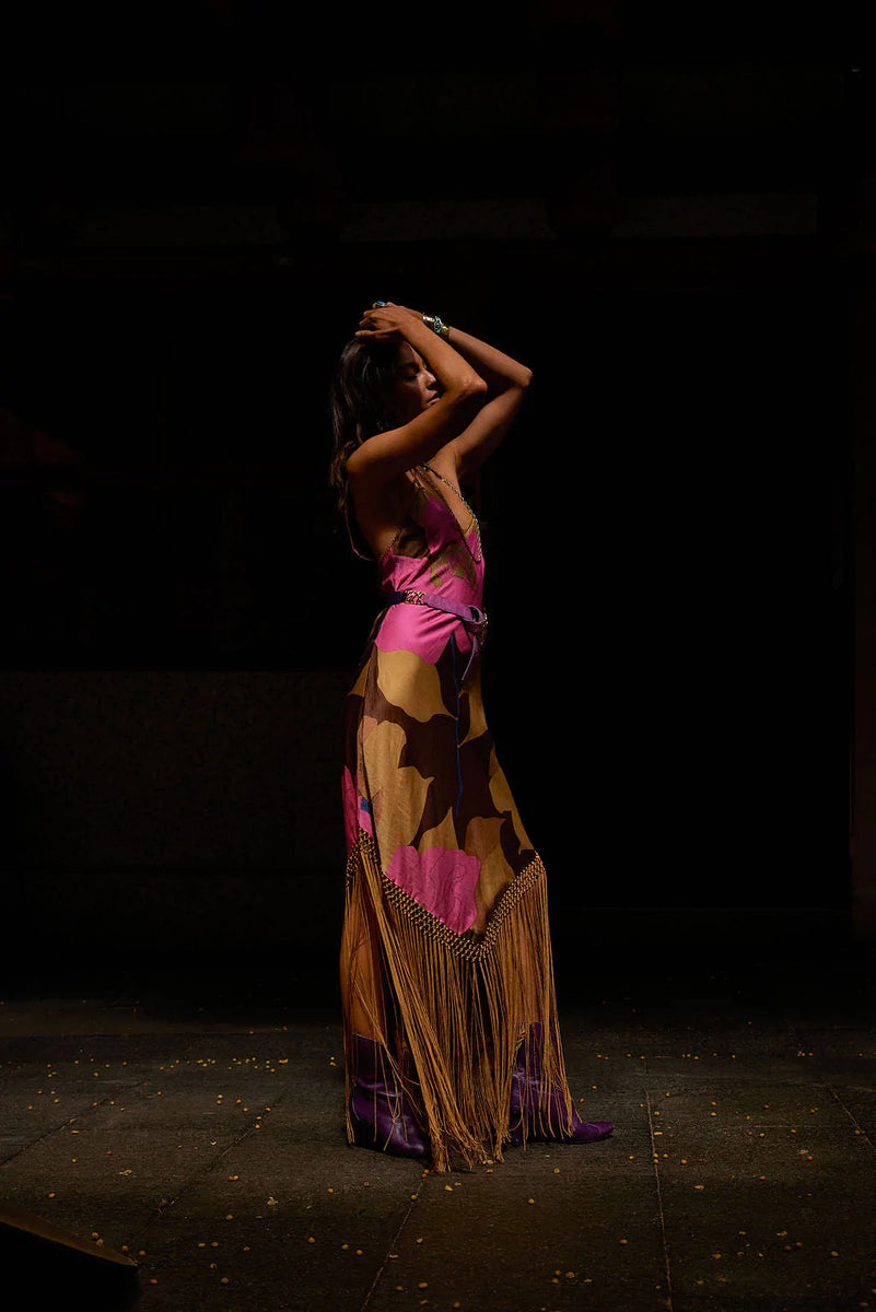 Wonderful Tonight Silk + Fringe Slip Dress - bold floral - Chasing Unicorns