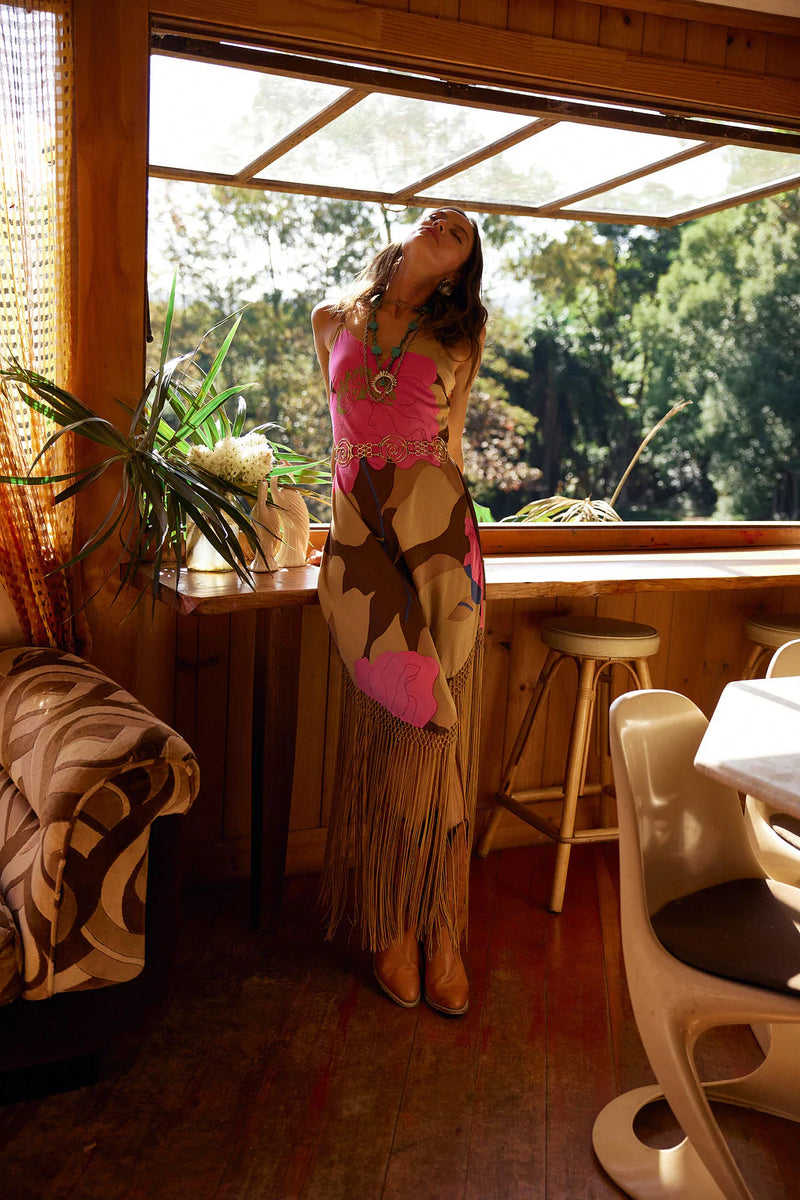 Wonderful Tonight Silk + Fringe Slip Dress - bold floral - Chasing Unicorns