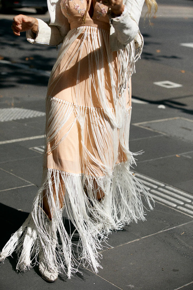 World On Fire Cotton Gauze + Fringe Embroidered Maxi Dress - Chasing Unicorns