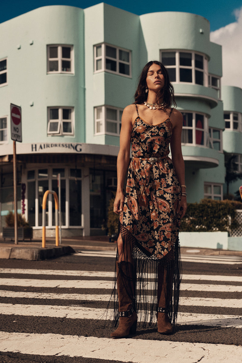 Wonderful Tonight Silk + Fringe Slip Dress - Midnight Paisley