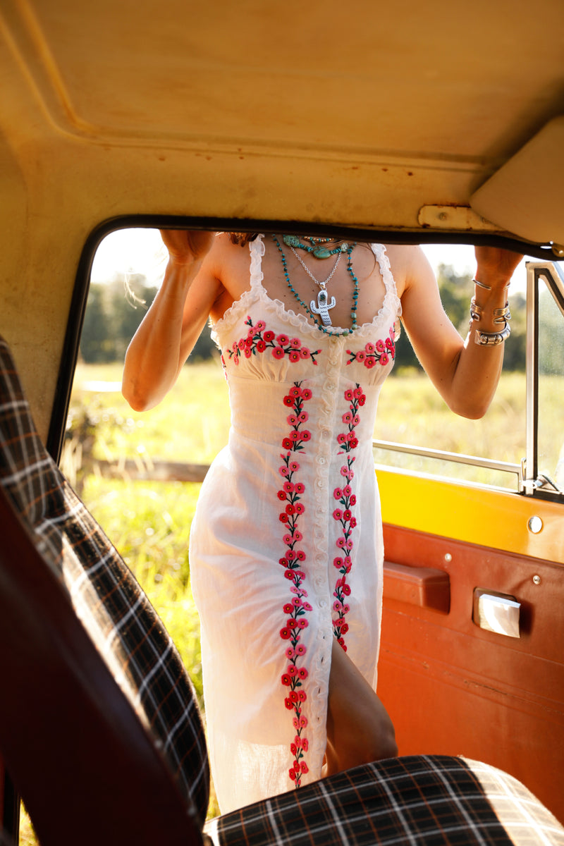 Hummingbird Embroidered Linen Midi Dress