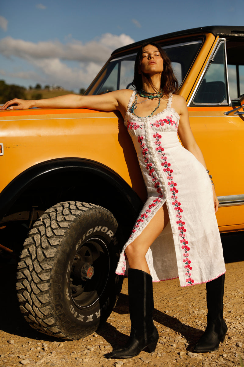 Hummingbird Embroidered Linen Midi Dress