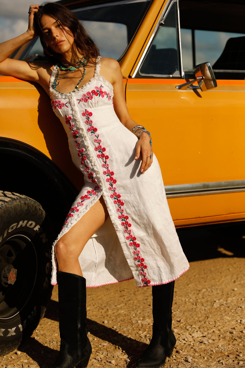 Hummingbird Embroidered Linen Midi Dress