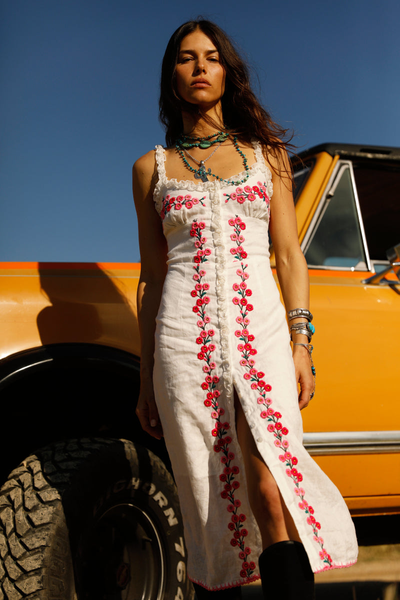 Hummingbird Embroidered Linen Midi Dress