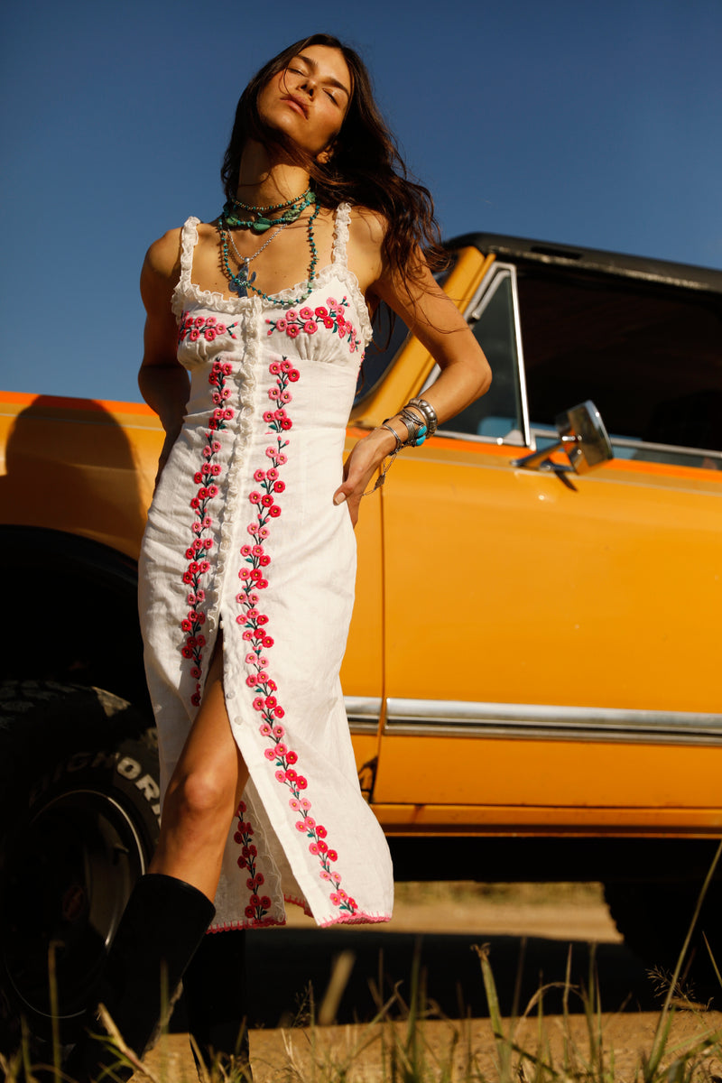 Hummingbird Embroidered Linen Midi Dress
