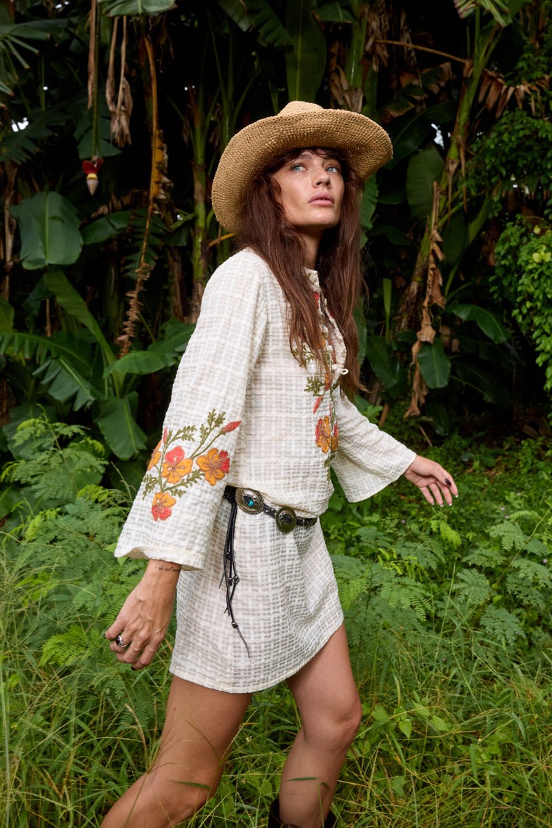 River Raw Silk Embroidered Folk Tunic Dress