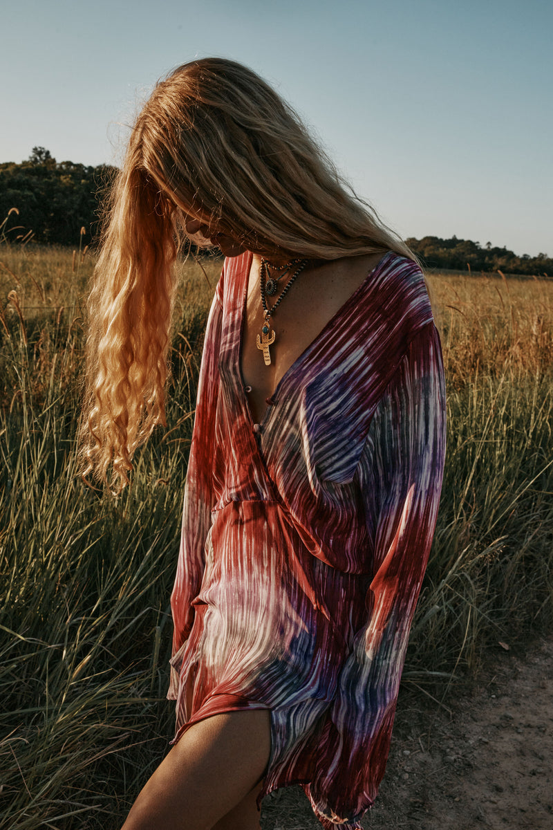 Kiss Me Quick Silk Flare Sleeve Mini Dress - Tie Dye