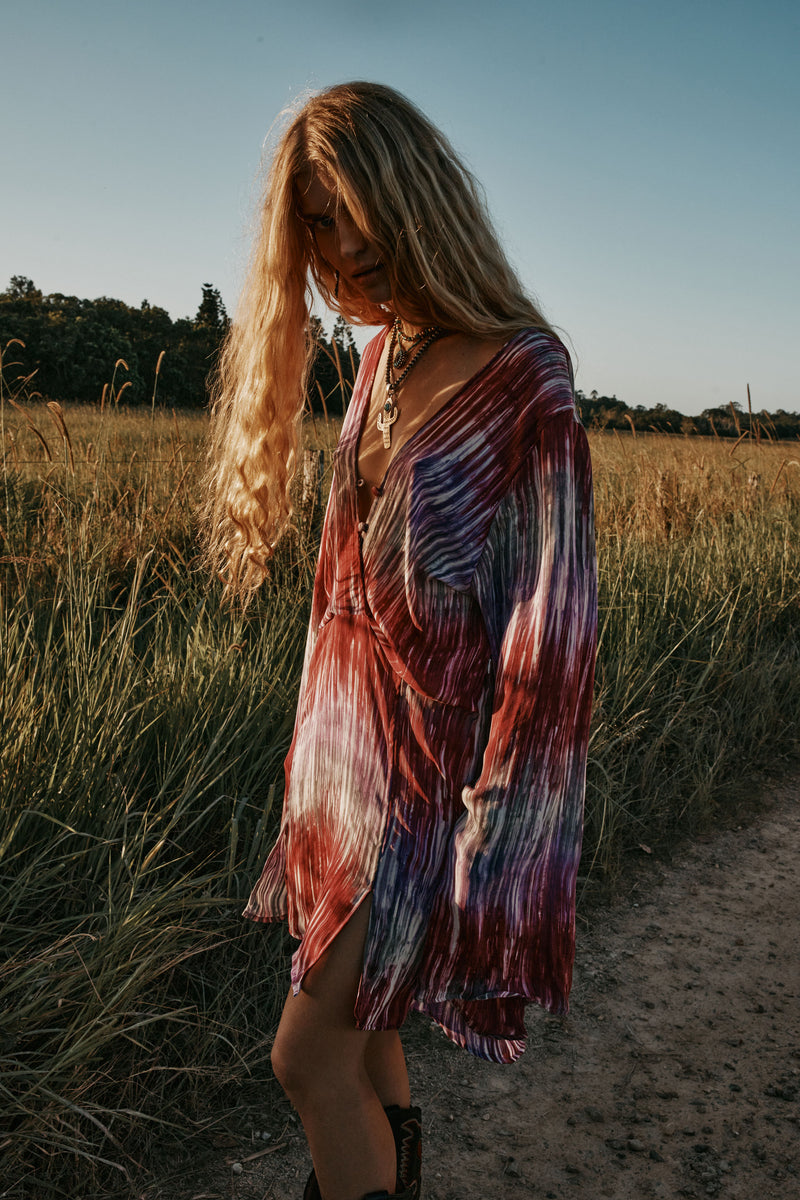Kiss Me Quick Silk Flare Sleeve Mini Dress - Tie Dye