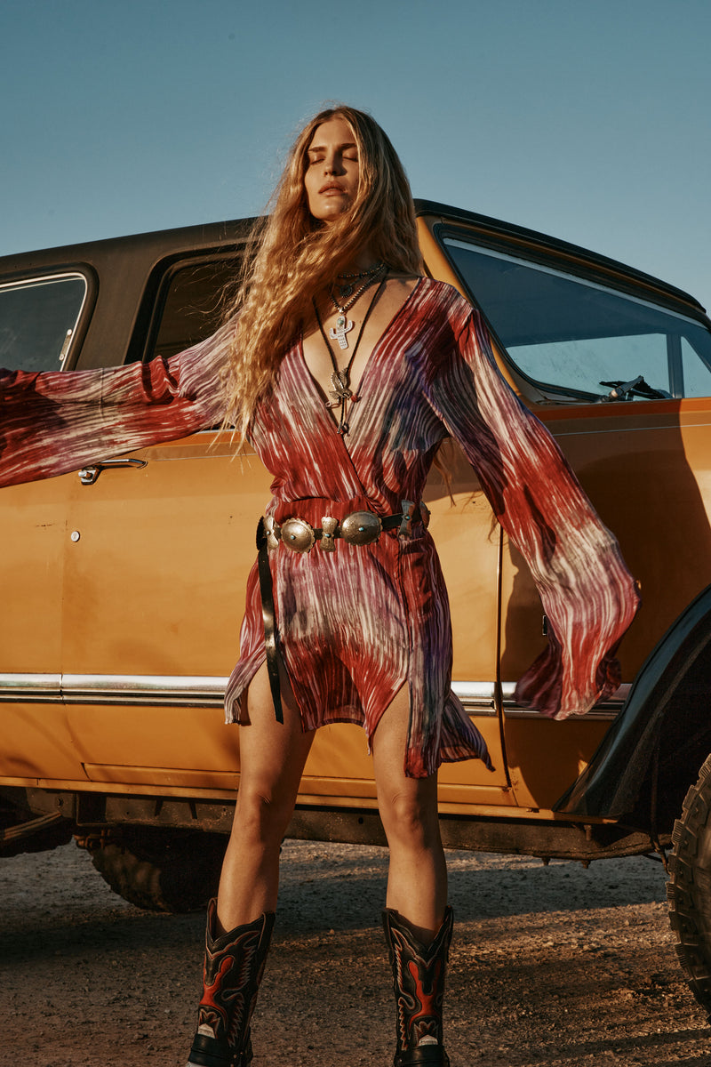 Kiss Me Quick Silk Flare Sleeve Mini Dress - Tie Dye