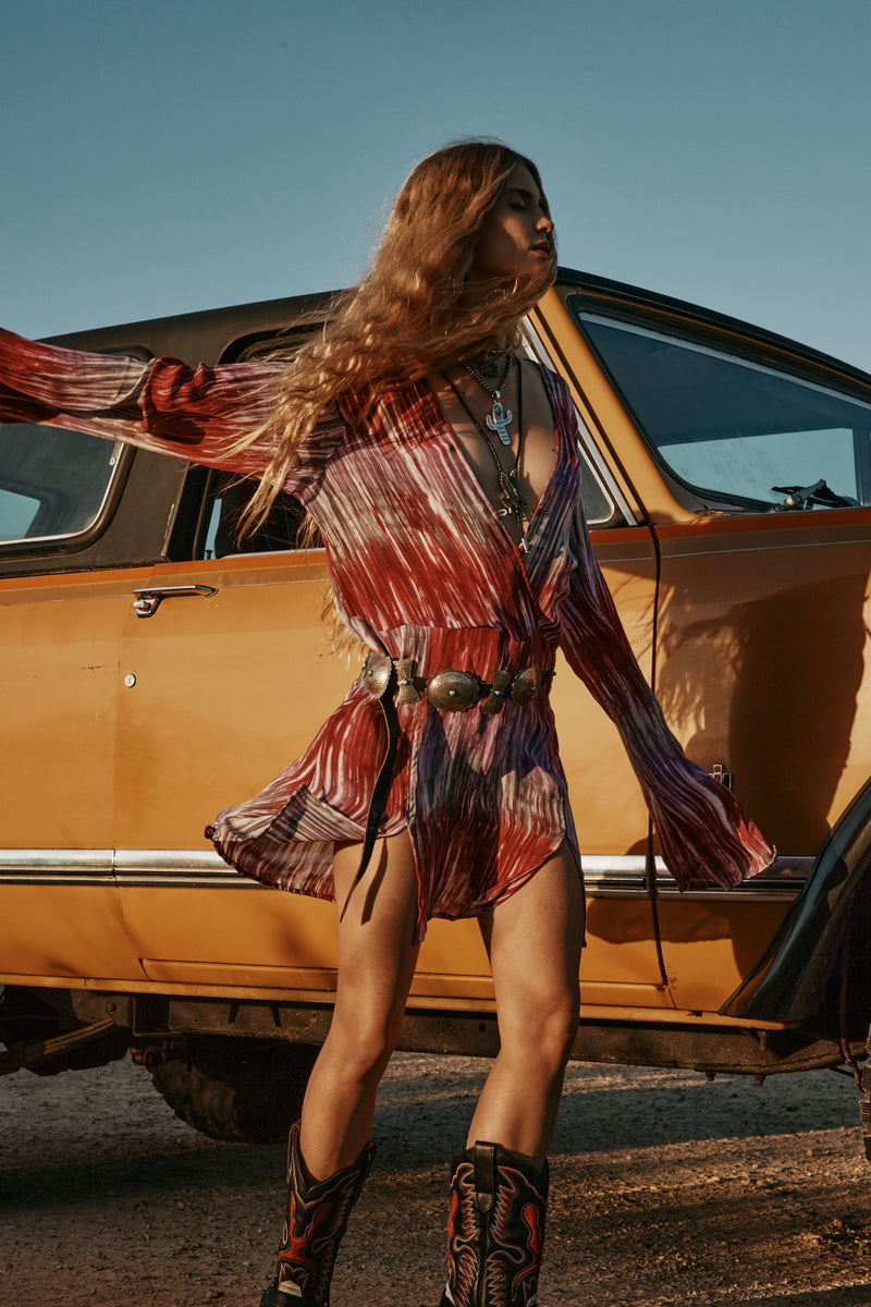 Kiss Me Quick Silk Flare Sleeve Mini Dress - Tie Dye