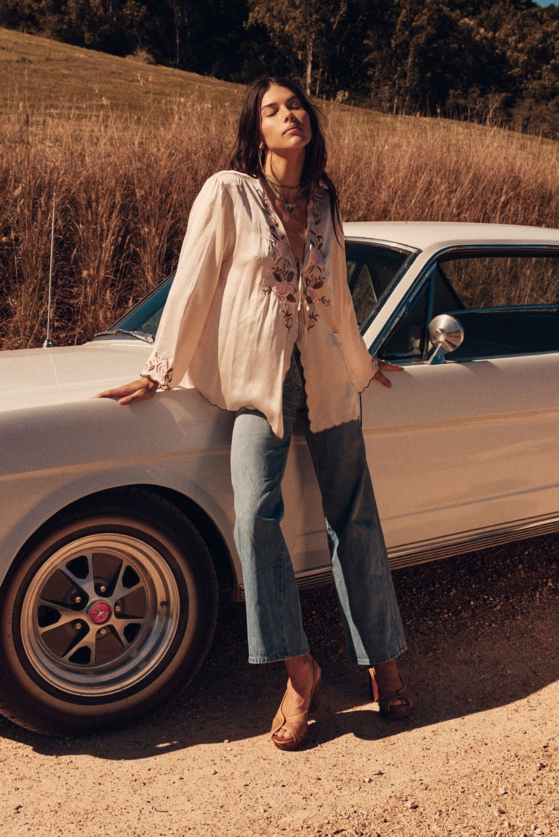 Slow It Down Silk Satin+ Embroidered Blouse - Blush