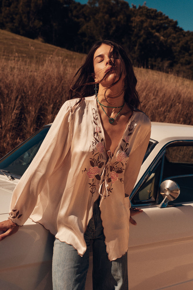 Slow It Down Silk Satin+ Embroidered Blouse - Blush