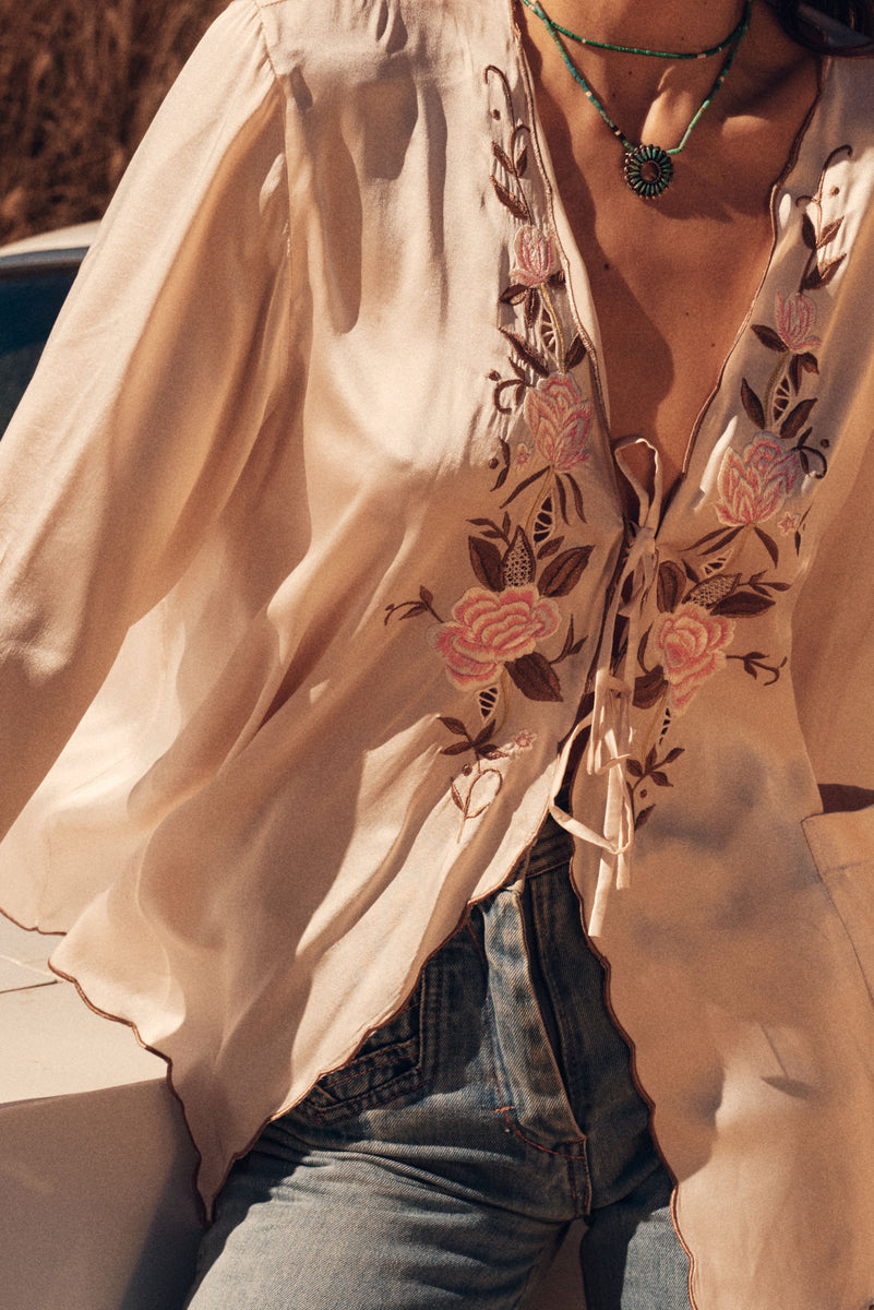 Slow It Down Silk Satin+ Embroidered Blouse - Blush