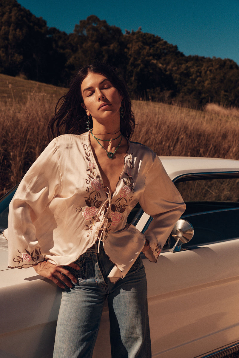 Slow It Down Silk Satin+ Embroidered Blouse - Blush