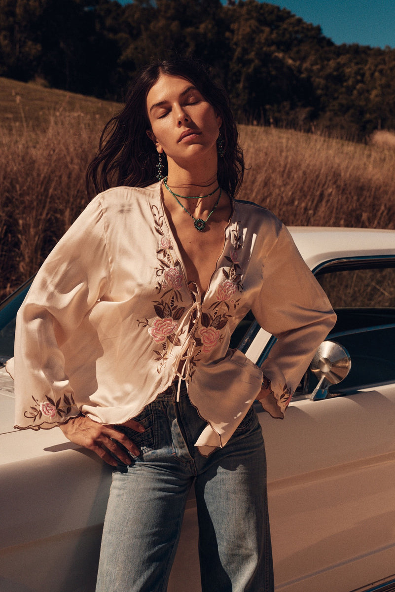 Slow It Down Silk Satin+ Embroidered Blouse - Blush