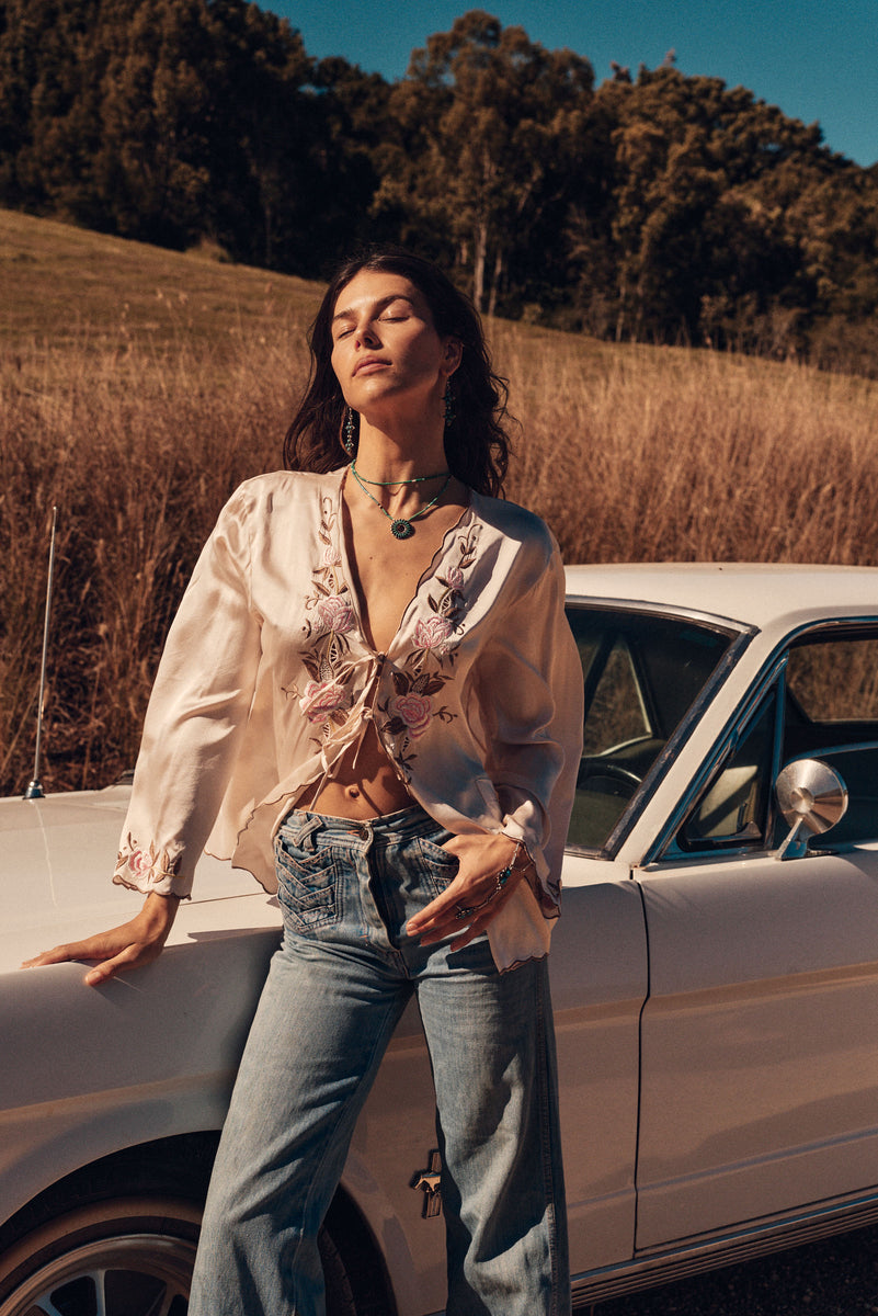 Slow It Down Silk Satin+ Embroidered Blouse - Blush
