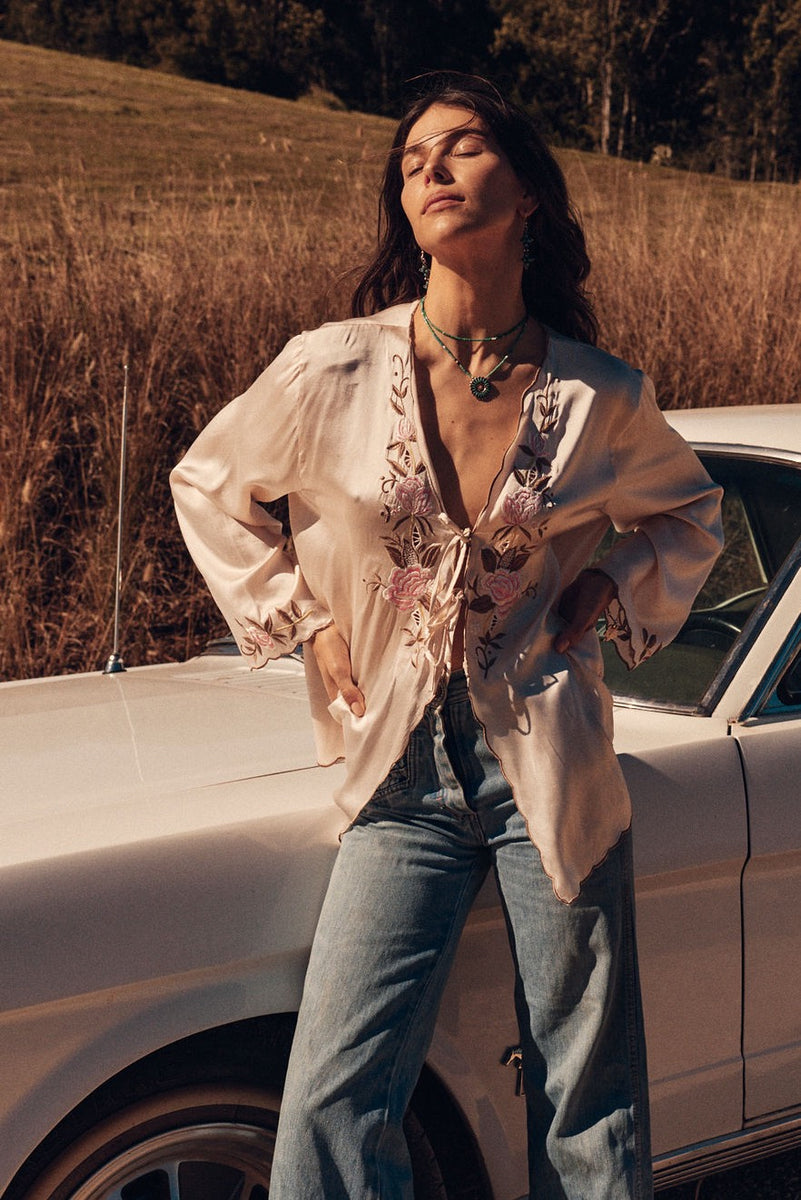 Slow It Down Silk Satin+ Embroidered Blouse - Blush