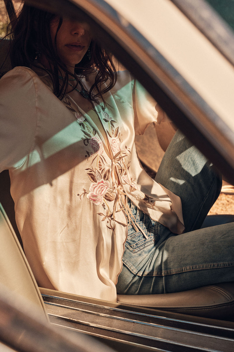 Slow It Down Silk Satin+ Embroidered Blouse - Blush