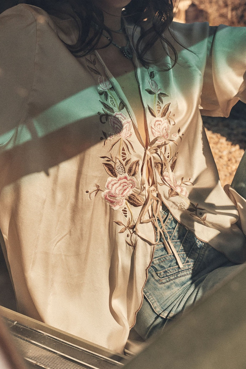 Slow It Down Silk Satin+ Embroidered Blouse - Blush