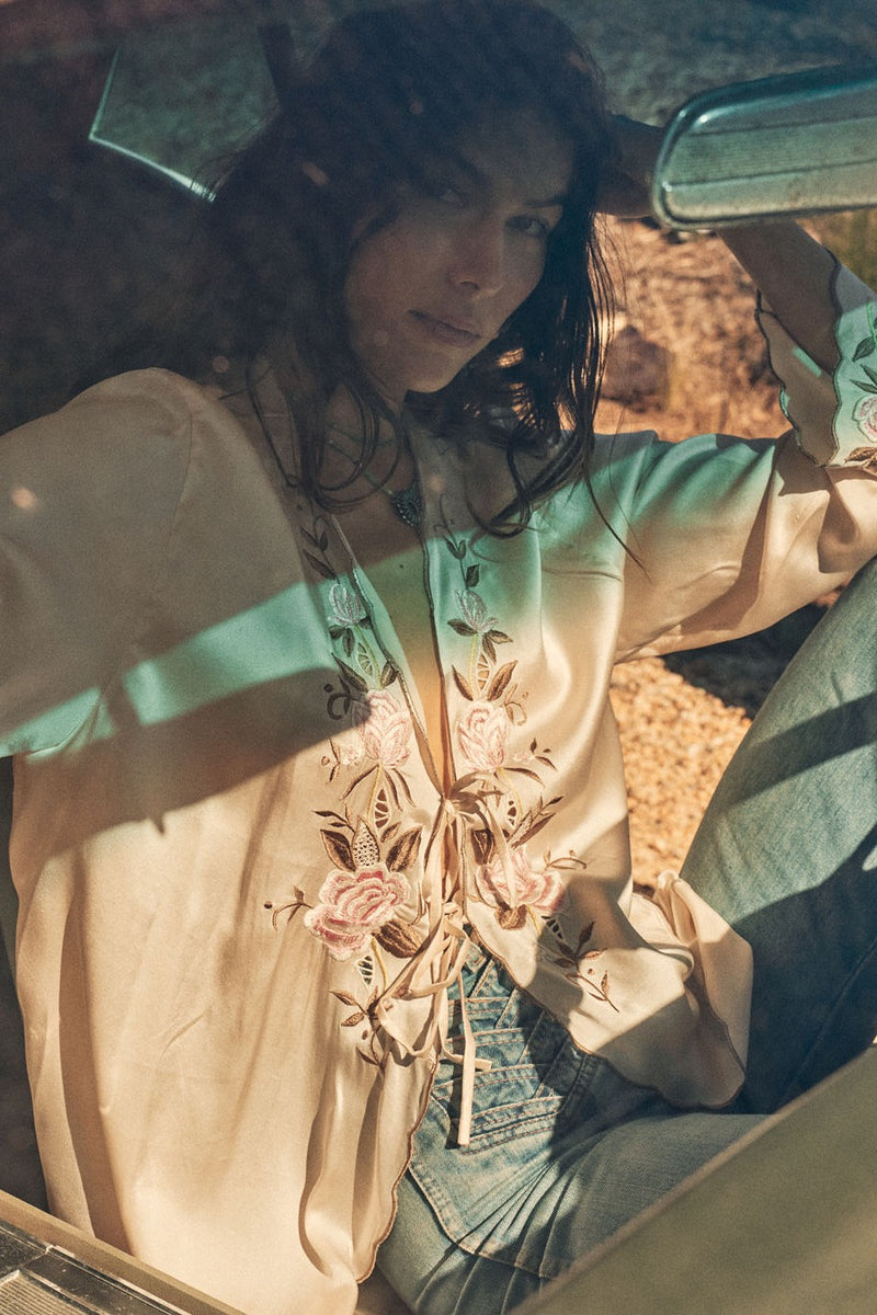 Slow It Down Silk Satin+ Embroidered Blouse - Blush