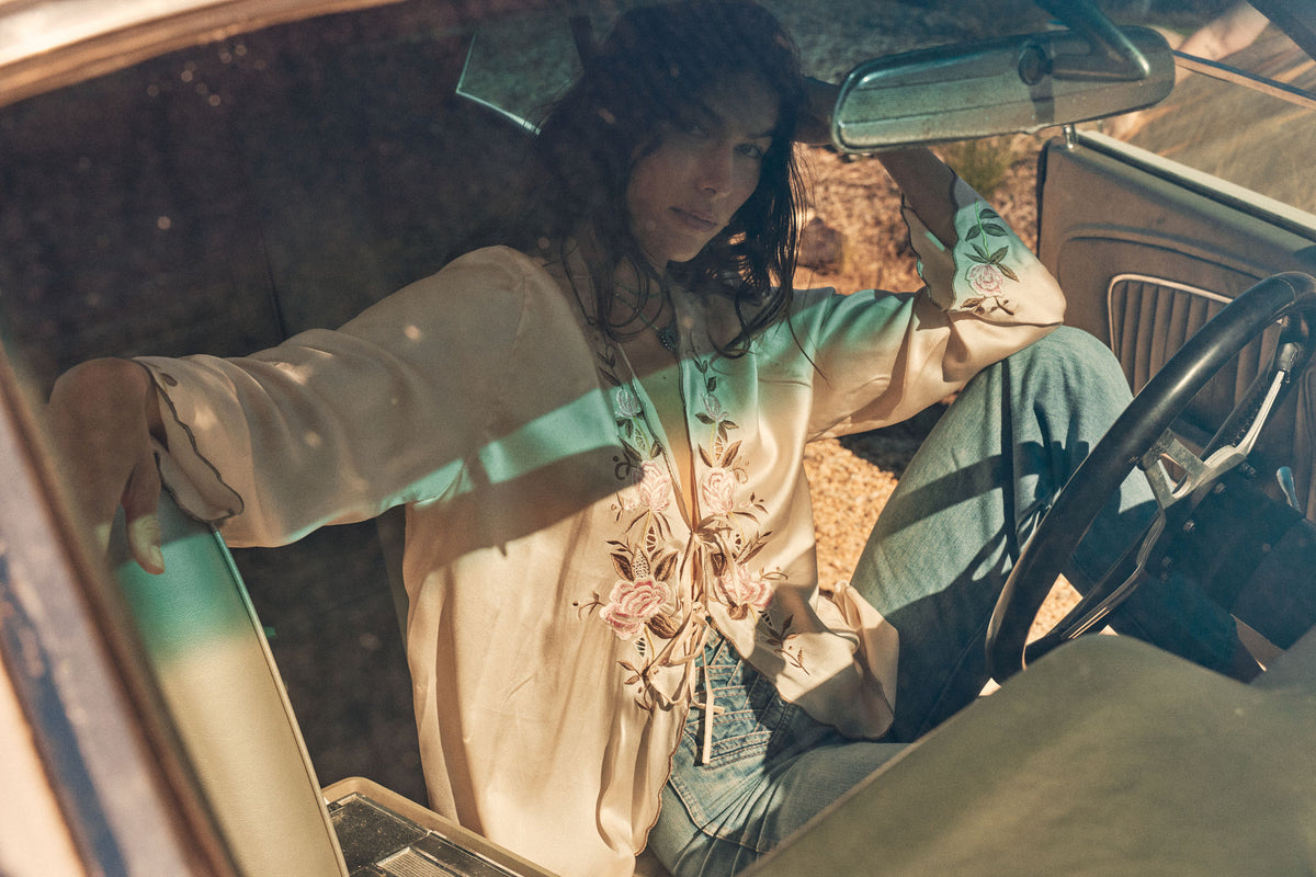 Slow It Down Silk Satin+ Embroidered Blouse - Blush