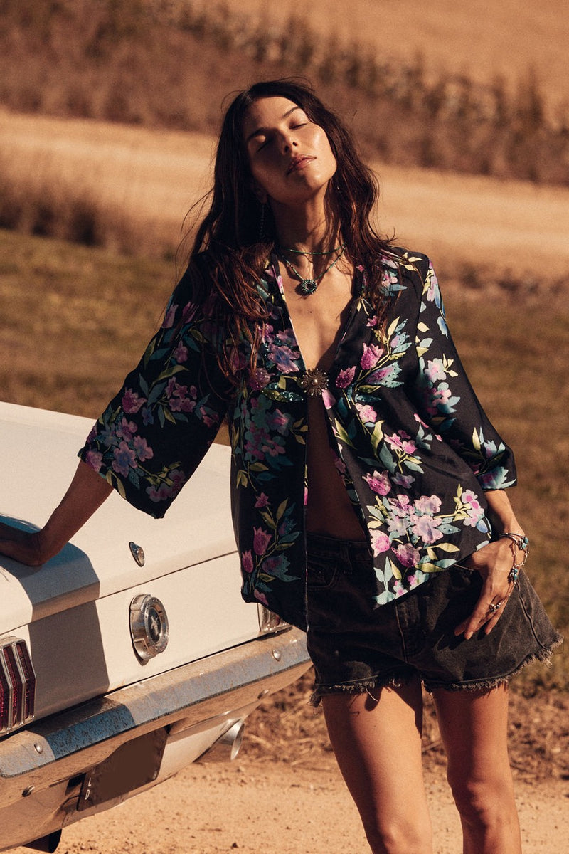 Night Bird Flying Silk Beaded Jacket - Black Floral