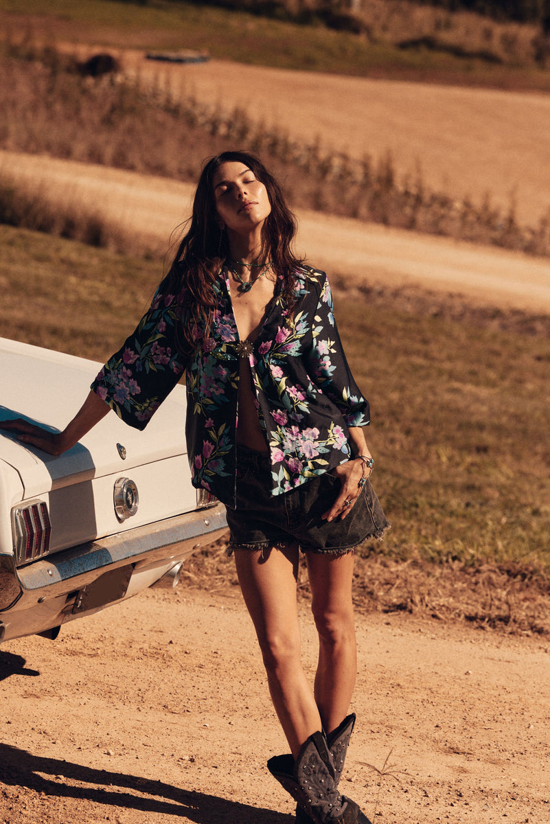 Night Bird Flying Silk Beaded Jacket - Black Floral