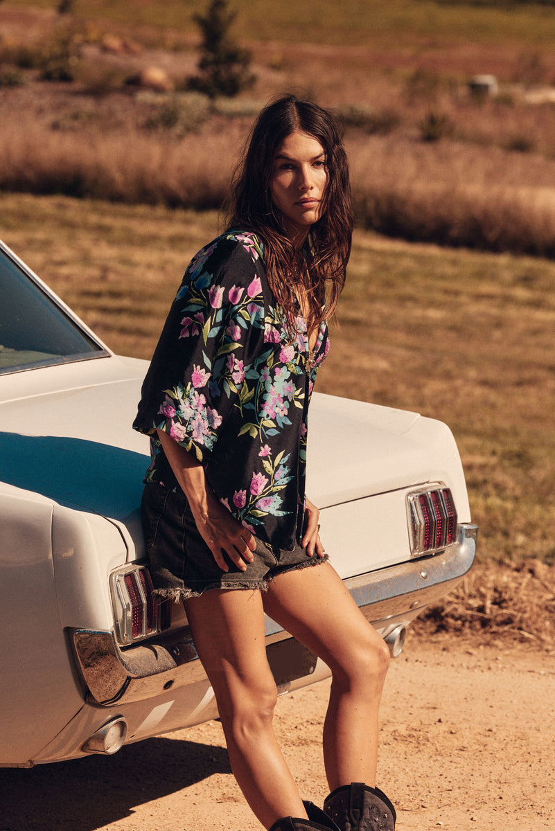 Night Bird Flying Silk Beaded Jacket - Black Floral