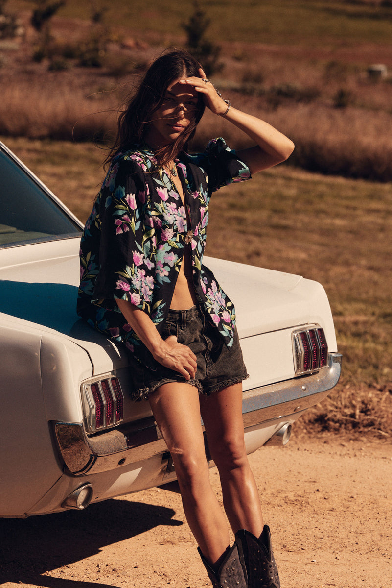 Night Bird Flying Silk Beaded Jacket - Black Floral