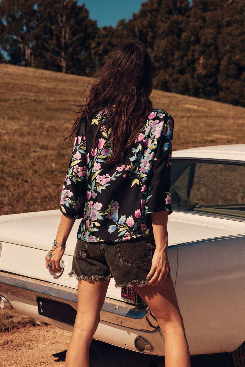 Night Bird Flying Silk Beaded Jacket - Black Floral