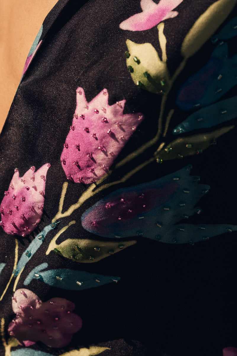 Night Bird Flying Silk Beaded Jacket - Black Floral