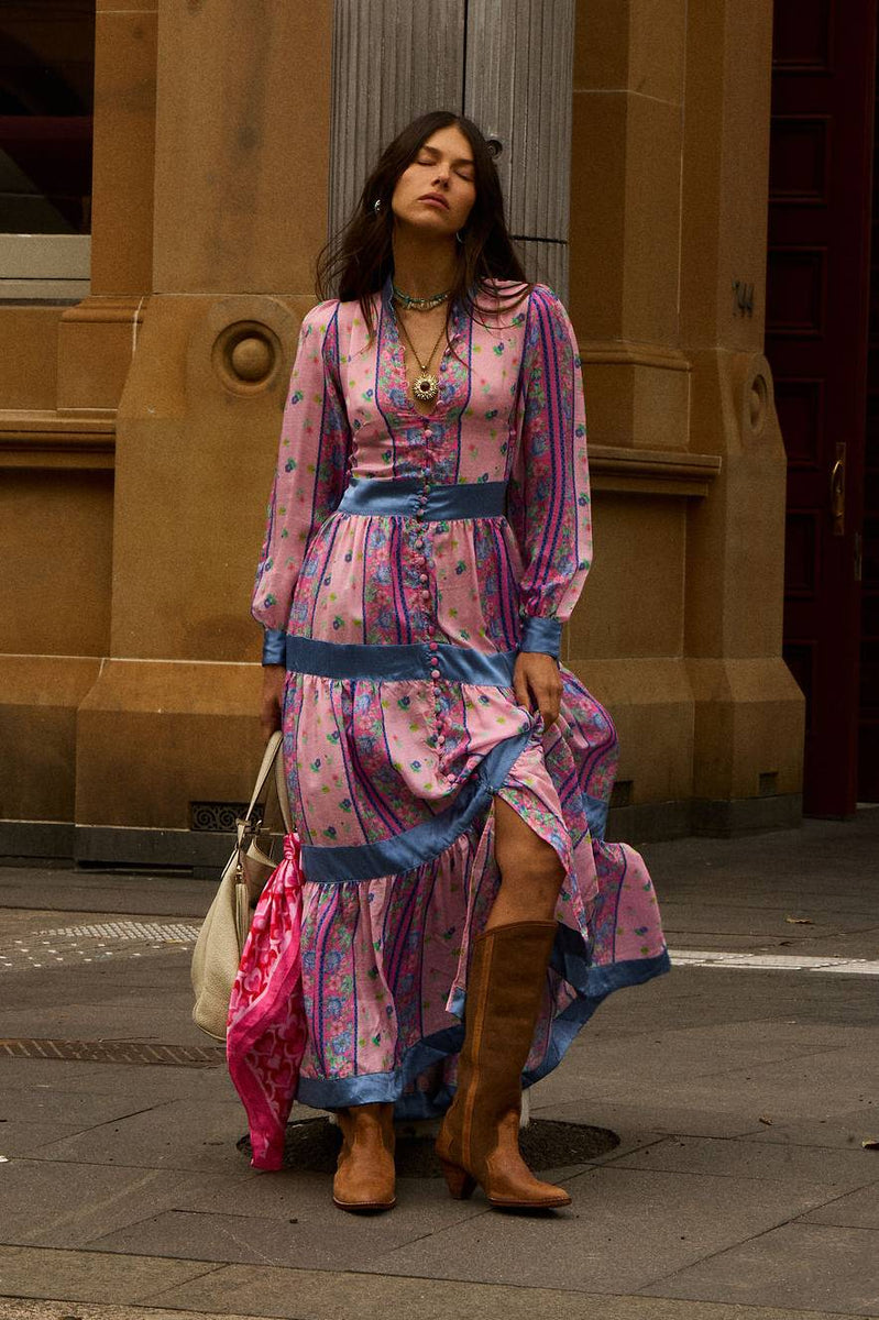She's A Lady Silk Maxi Dress - Pink Garden