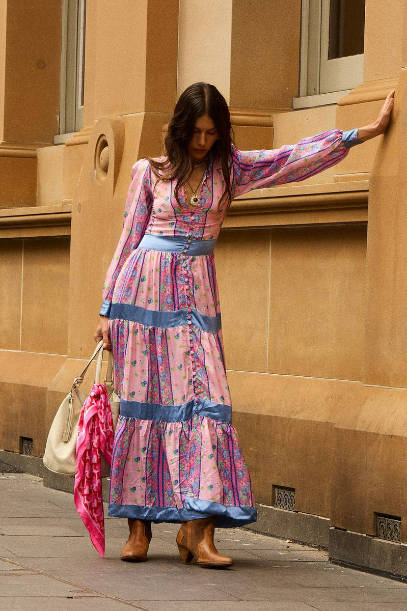 She's A Lady Silk Maxi Dress - Pink Garden