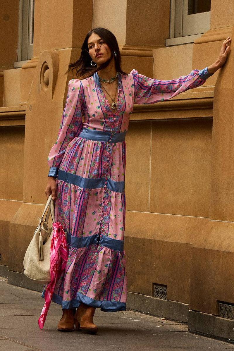 She's A Lady Silk Maxi Dress - Pink Garden