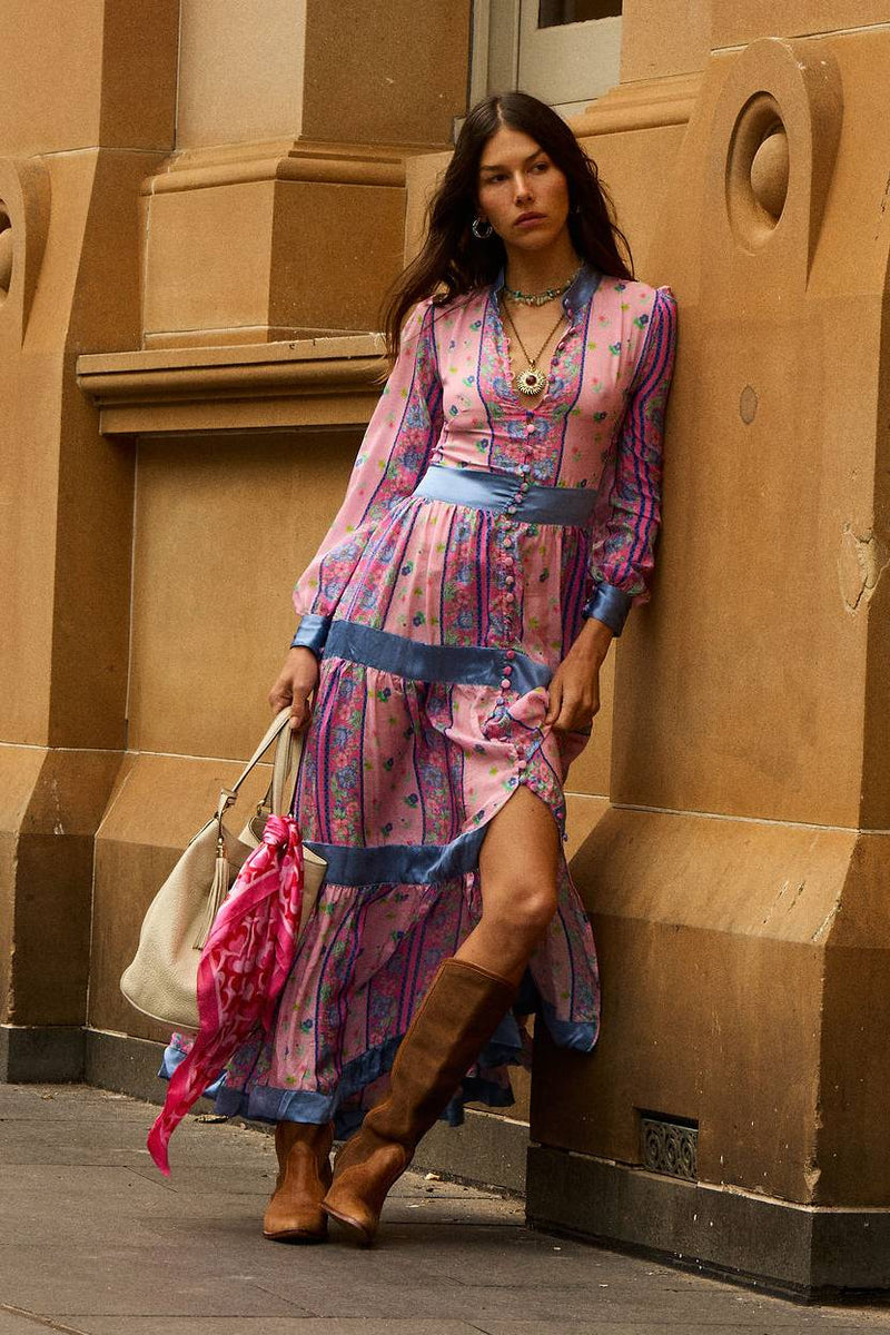 She's A Lady Silk Maxi Dress - Pink Garden