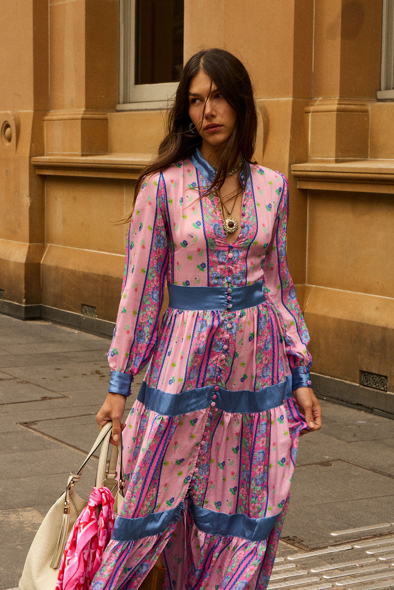 She's A Lady Silk Maxi Dress - Pink Garden