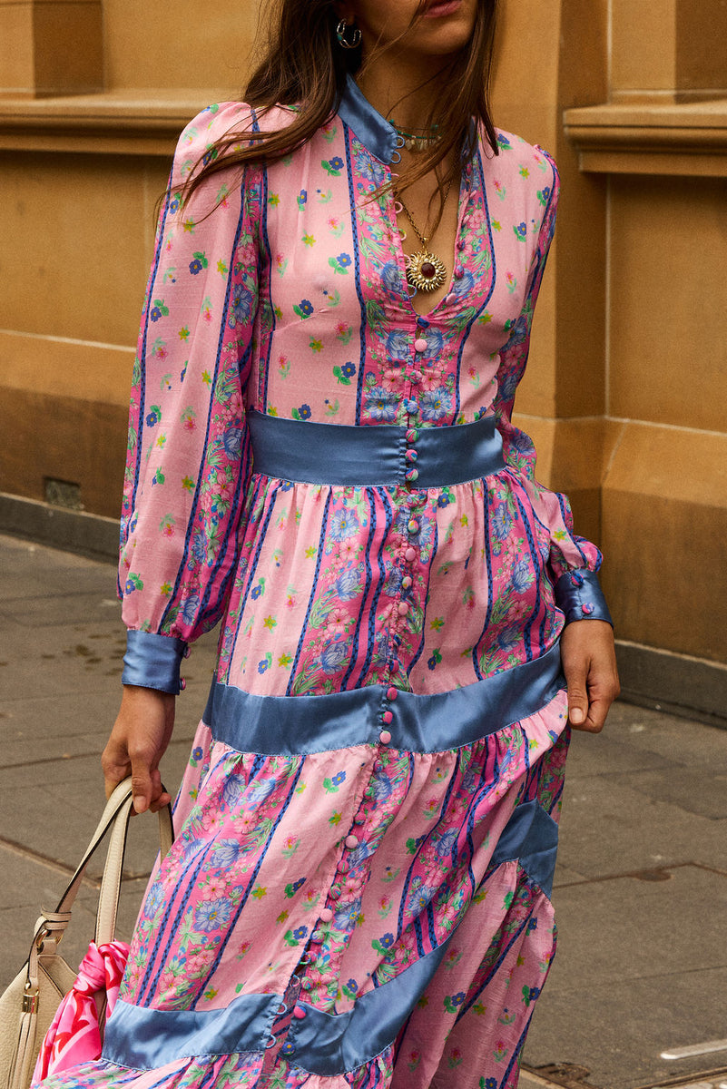 She's A Lady Silk Maxi Dress - Pink Garden