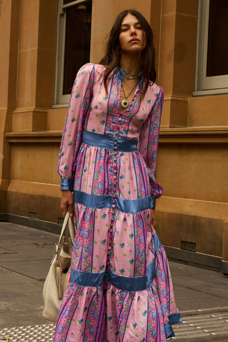 She's A Lady Silk Maxi Dress - Pink Garden