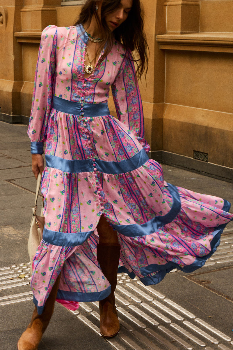 She's A Lady Silk Maxi Dress - Pink Garden