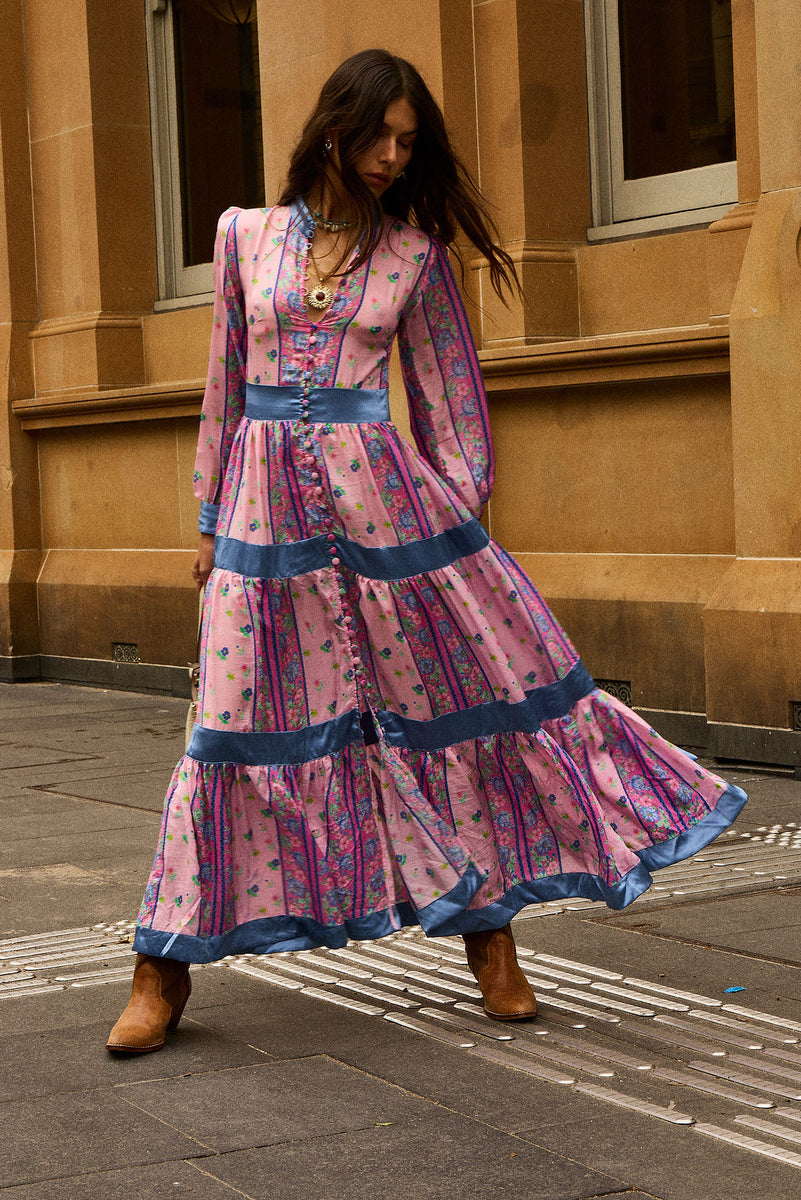 She's A Lady Silk Maxi Dress - Pink Garden
