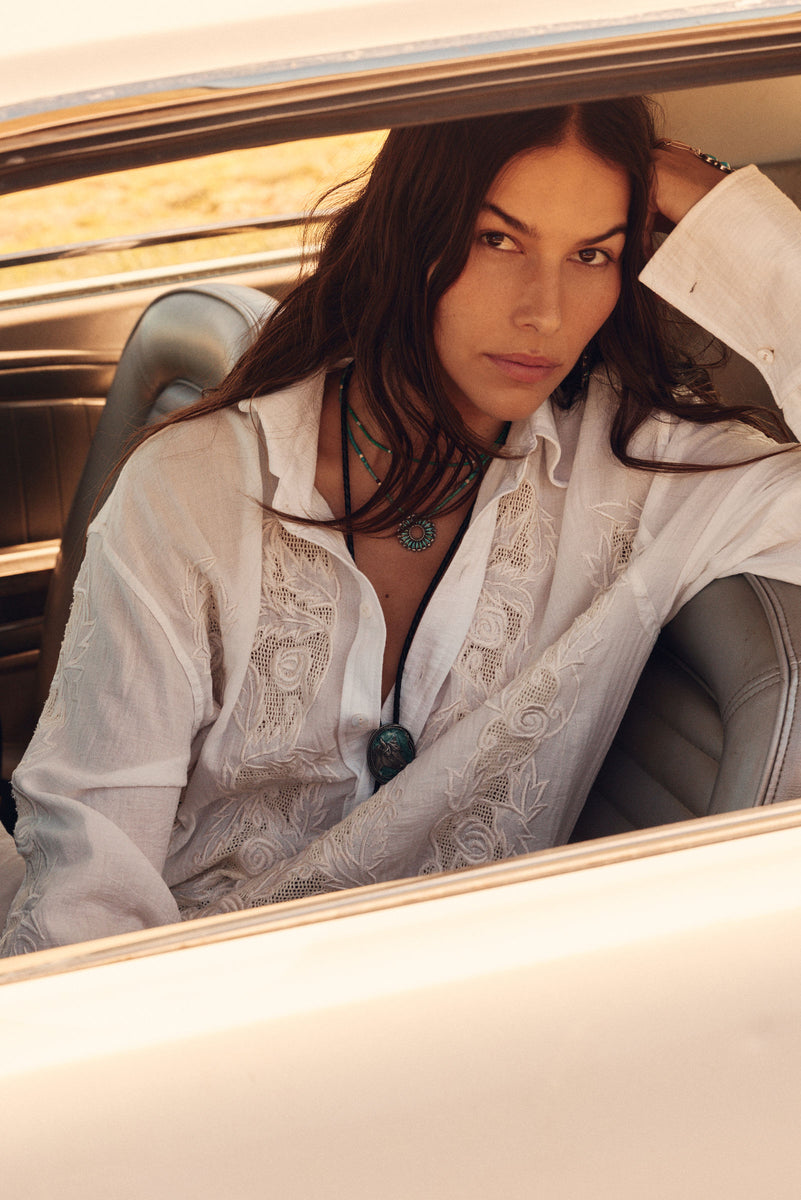 Brokedown Palace Embroidered Cotton Shirtdress