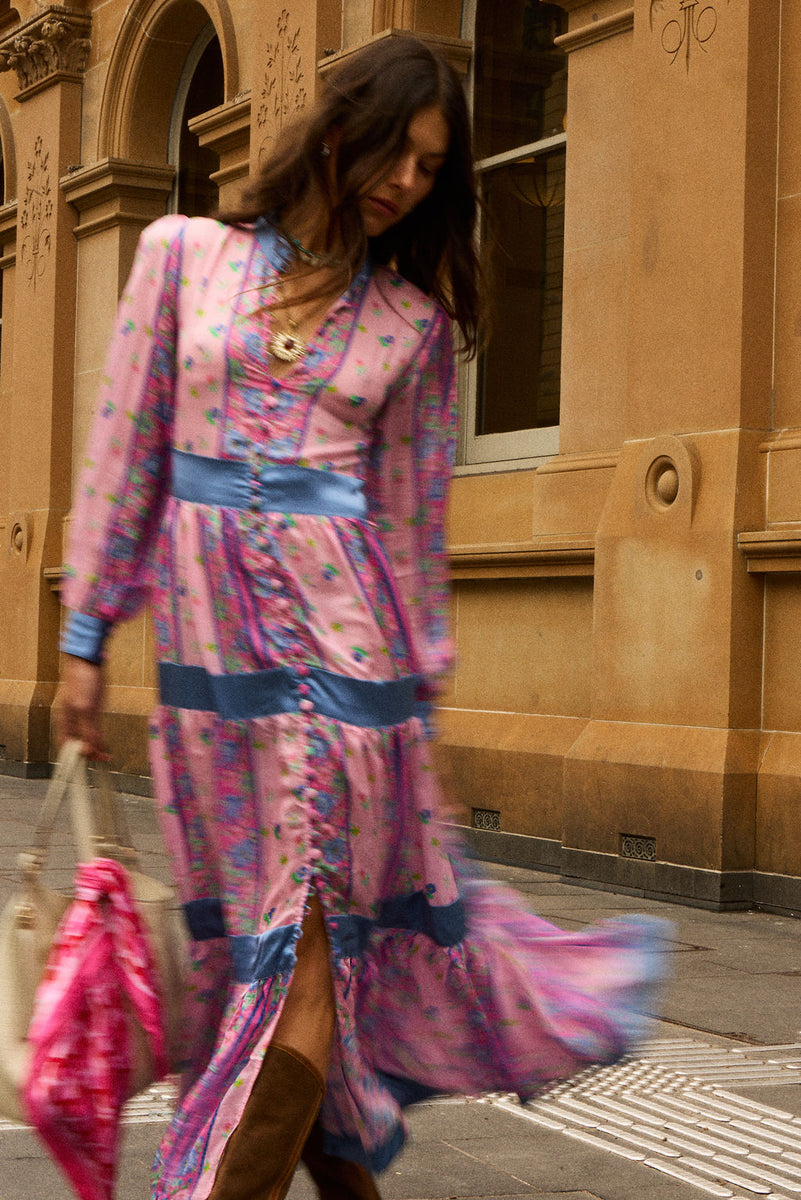 She's A Lady Silk Maxi Dress - Pink Garden