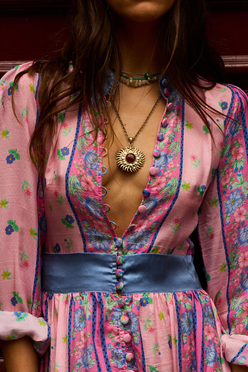 She's A Lady Silk Maxi Dress - Pink Garden
