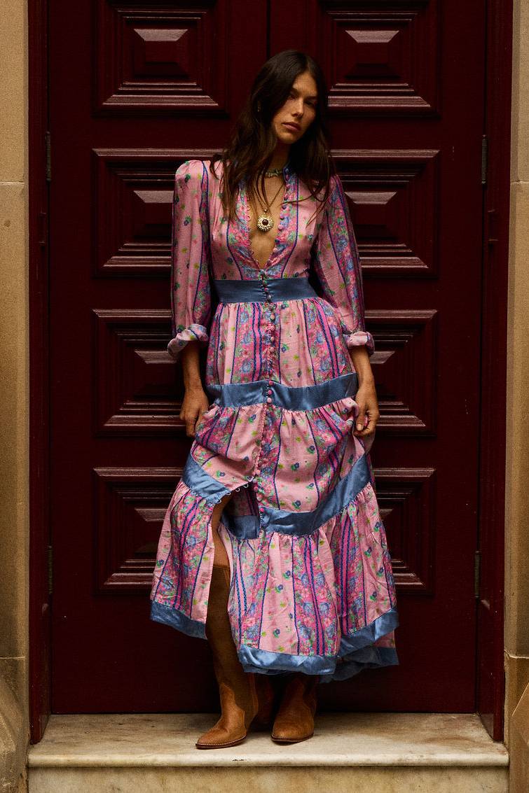 She's A Lady Silk Maxi Dress - Pink Garden