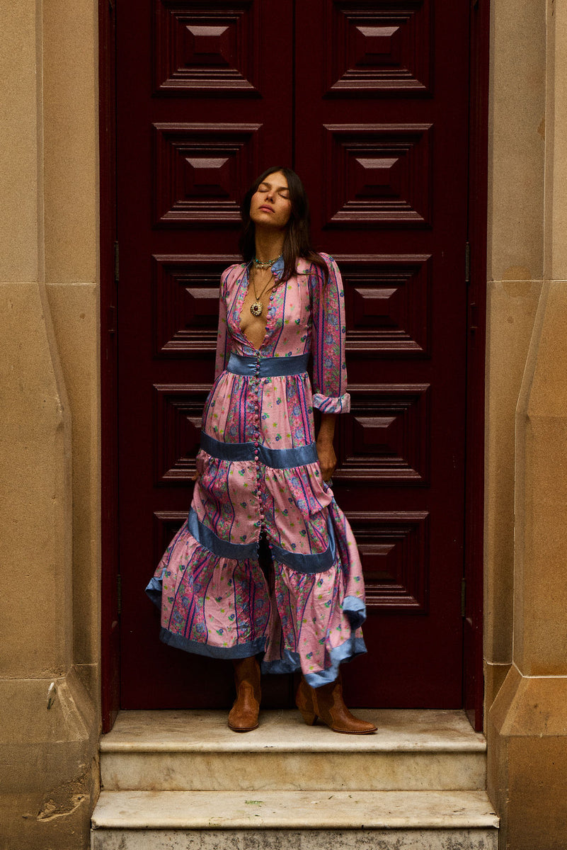 She's A Lady Silk Maxi Dress - Pink Garden