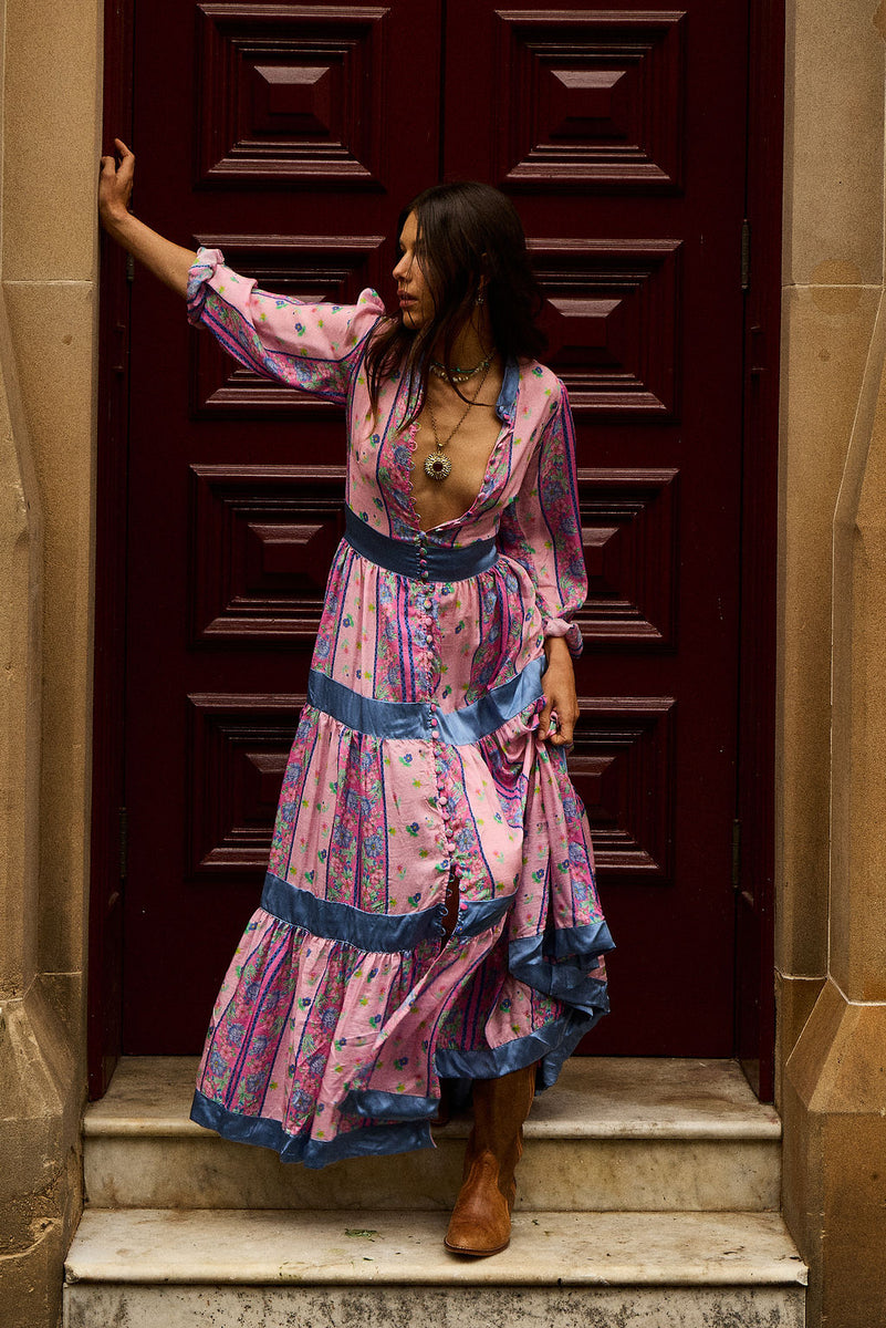 She's A Lady Silk Maxi Dress - Pink Garden