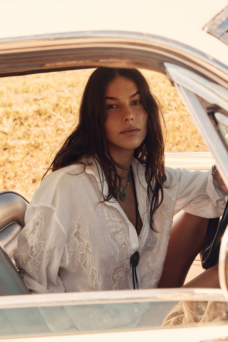 Brokedown Palace Embroidered Cotton Shirtdress
