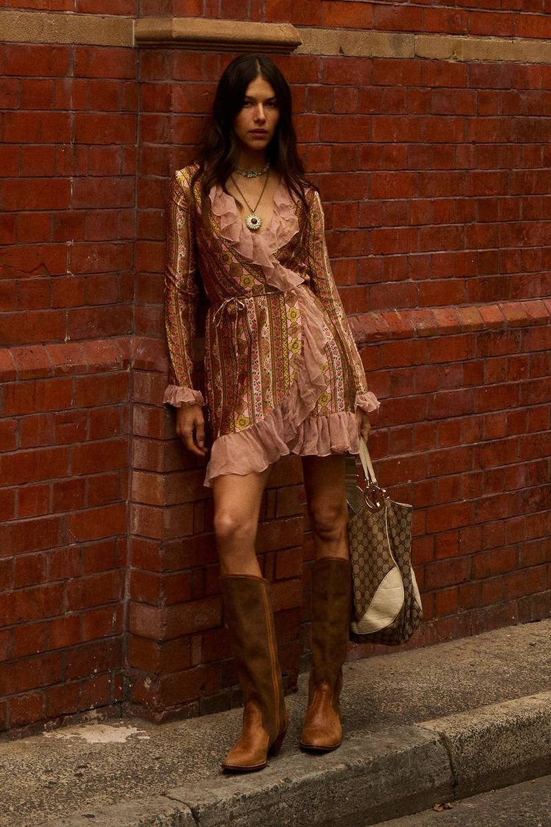 Sweet Painted Lady Silk Wrap Mini Dress - Amber Meadow