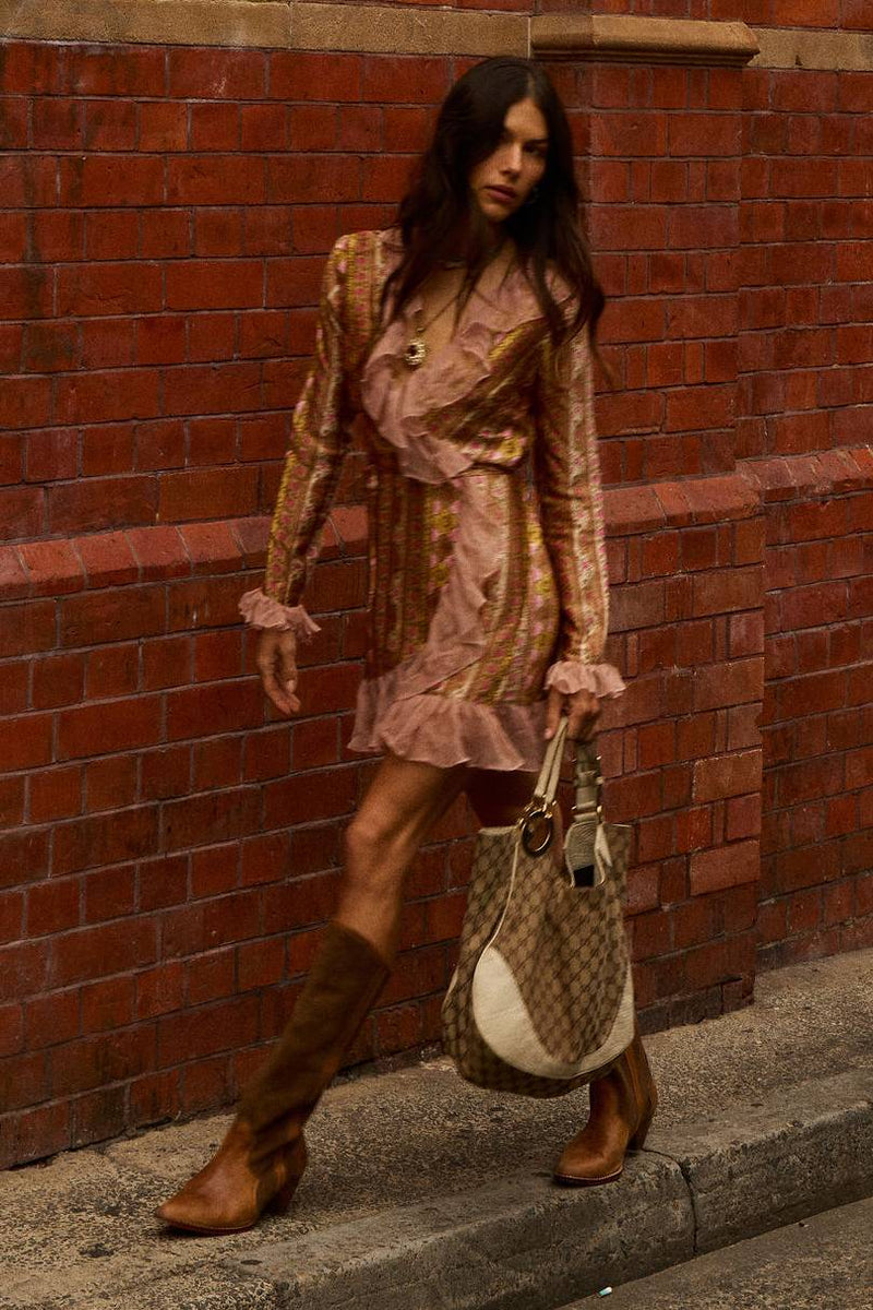 Sweet Painted Lady Silk Wrap Mini Dress - Amber Meadow